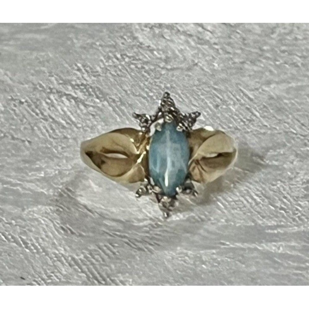 VTG 10K Yellow Gold Blue Topaz Marquise Diamond Accent Cocktail Ring 3.3g Sz 7